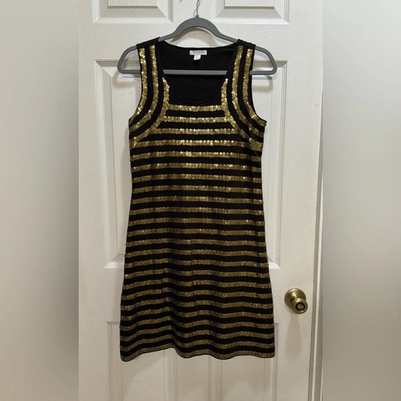 Garnet Hill Dresses & Skirts - Garnet Hill Black Gold Stripe Sequin Sleeveless Dress Festive Party XS